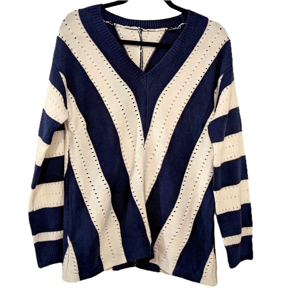 Navy & White Sailor Stripe / Rugby Stripe V-Neck Pointelle Knit Sweater, Sz M